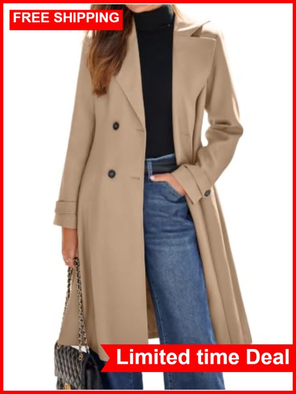 Oversized Long Trench Coat Double Breasted Lapel Winter Windproof